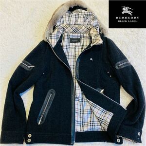 【美品】バーバリーブラックレーベル BURBERRY BLACK LABEL ウールブルゾン ノバチェック ファー フード コート アウター ホースロゴ