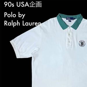 90s USA企画 ビッグサイズ Ralph Lauren 半袖 ポロシャツ　　90年代 ポロバイラルフローレン by 企業ロゴ 企業系 1995年 スーベニア 刺繍