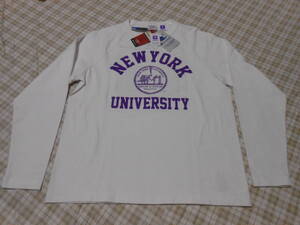 新品！USA製！チャンピオン　T1011　ロングTシャツ　ニューヨーク大学　染み込み　両面プリント　白　M　NYU　リバース　YALE　ラスト1着