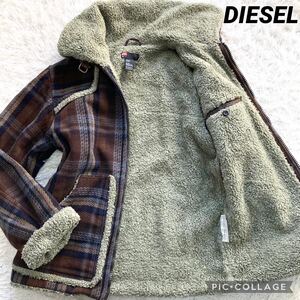 美品 極希少 L ディーゼル DIESEL ボアジャケット コート エコムートン チェック スタンドカラー 極暖 肉厚 【圧倒的存在感】