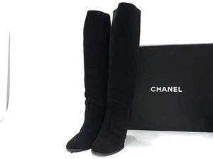 1円 ■美品■ CHANEL シャネル ココマーク スエード ロングブーツ ヒール サイズ35 C (約22.0cm)　靴 シューズ ブラック系 FL3287