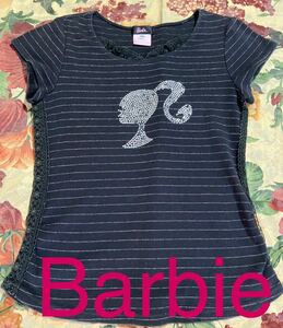 ティシャツ Tシャツ ★ Barbie バービー ★ 半袖 ミディアム ショート ブラック 黒 ストライプ ピンク ラメ レース ビジュ