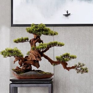 芸術 ．高級模造迎客松盆栽 置物 禅意迎客松盆栽装飾品 大型 人工盆栽 松の木 ．天然の太幹