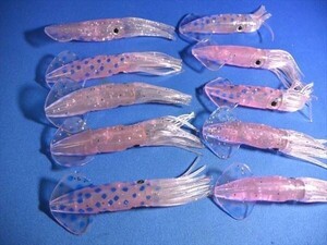 斑点ピンクイカ・10個　10cm イカベイト・イカワーム・ソフトイカ・根魚、青物、マダイ、真鯛、オモリ内蔵可能