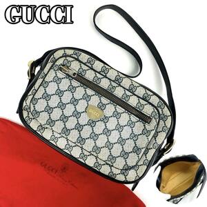 1円〜■売切■GUCCI グッチ ショルダーバッグ GGスプリーム ゴールド金具 肩掛け ネイビー系 PVC レザー ミニバッグ ベルト 裏地総柄