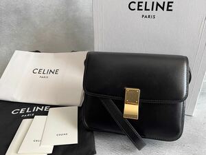 1000円から■極美品■CELINE セリーヌ ティーンクラシックボックス スモール ショルダーバッグ レディース 黒 ゴールド レザーBAG 